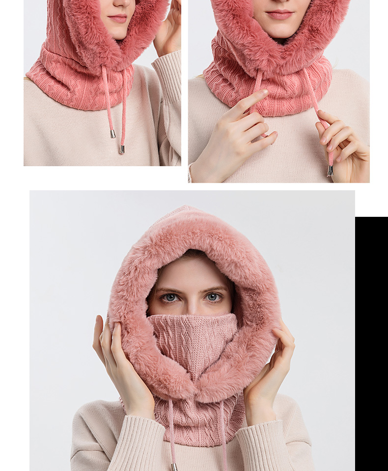 Winter Fur Cap Mask Set Hooded for Women Knitted Cashmere Neck Warm Balaclava Ski Windproof Hat Thick Plush Fluffy_voghion.com