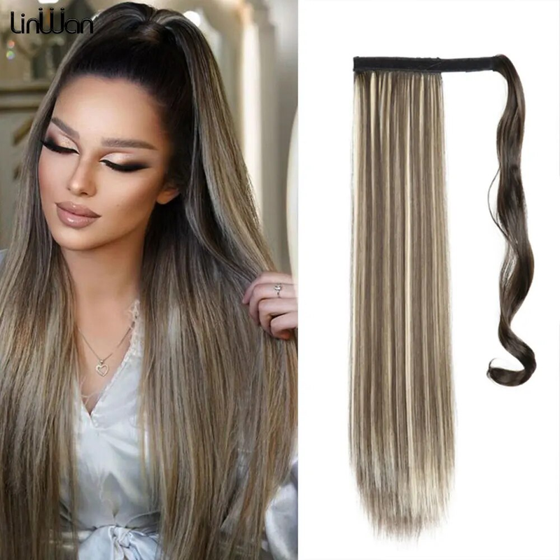 Linwan – Extension synthétique longue et lisse à enrouler avec Clip, queue de cheval pour femmes, faux cheveux résistants à la chaleur, 22 pouces_voghion.com