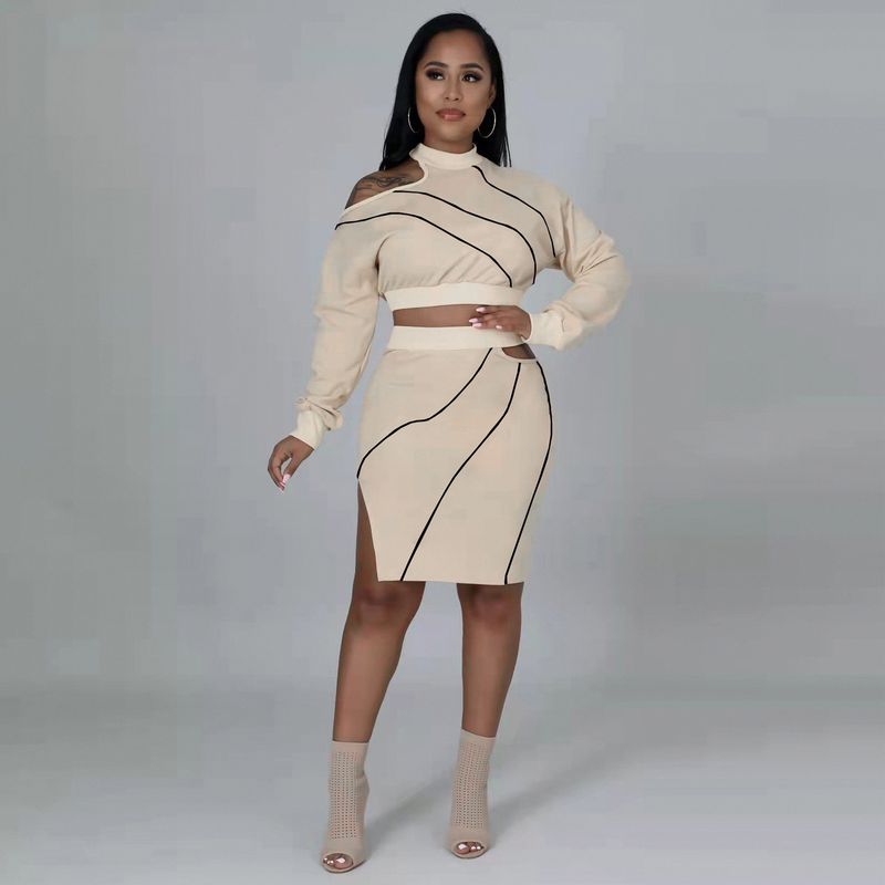 Damenmode Reverse Thread Hollow Out Split Rundhals Top und Rock Zweiteiliges Set_voghion.com