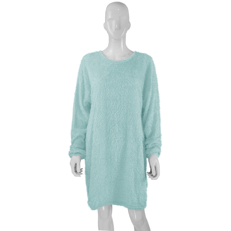 Robe ample en peluche mi-longue à manches longues et col rond pour femme automne/hiver 2023_voghion.com
