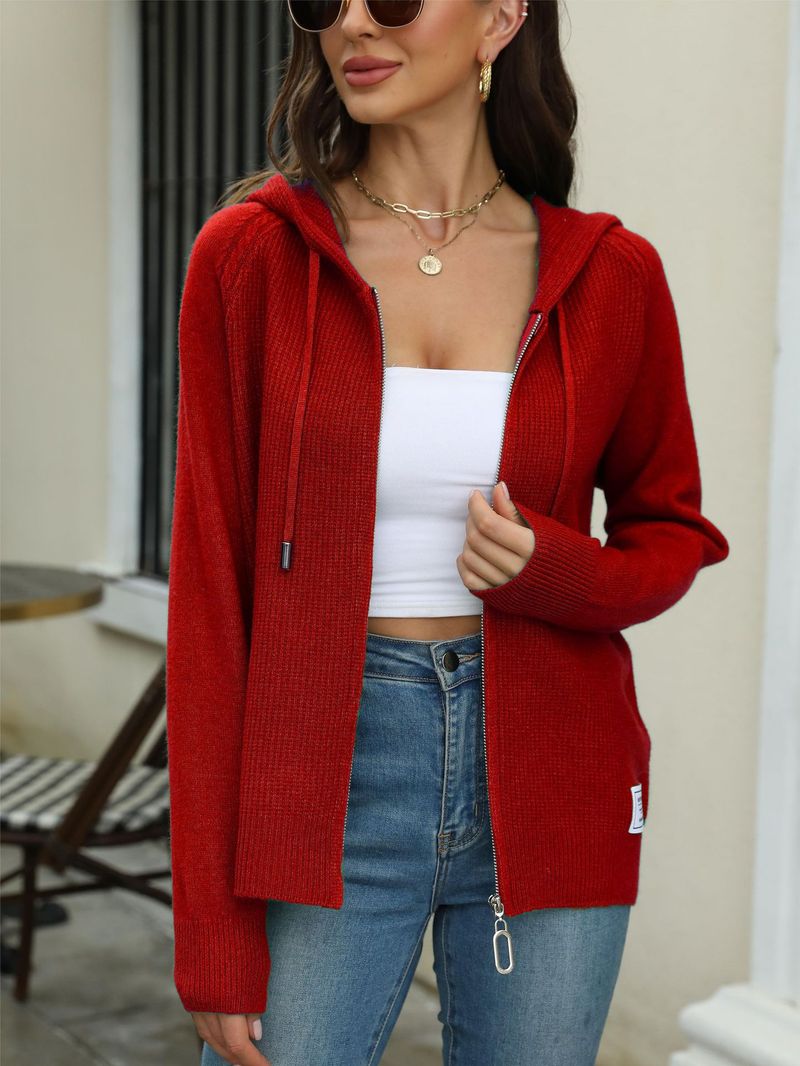 Cardigan in maglia con cappuccio e cerniera da donna - Maglione pullover in tinta unita con coulisse per autunno e inverno_voghion.com