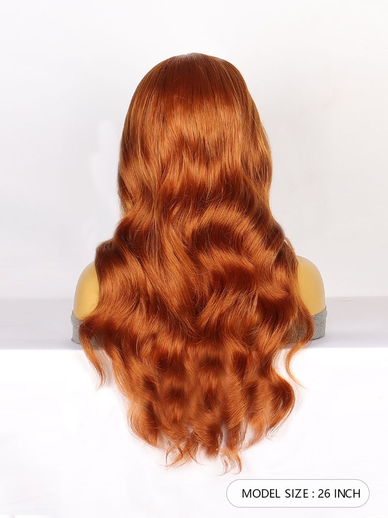 Synthetische Clip-in-Perücke, modische Perücke, Spitzen-Kopfbedeckung, schmutziges Orange, langes lockiges Haar, mittellanges Kopfbedeckung aus gespaltener Faser, Hochtemperaturdraht_voghion.com