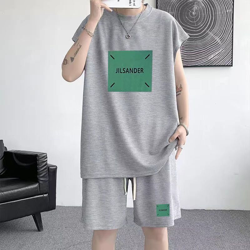 Summer new plus size men's sports suit Waffle trendy sleeveless vest t-shirt versatile casual two-piece set 12_voghion.com