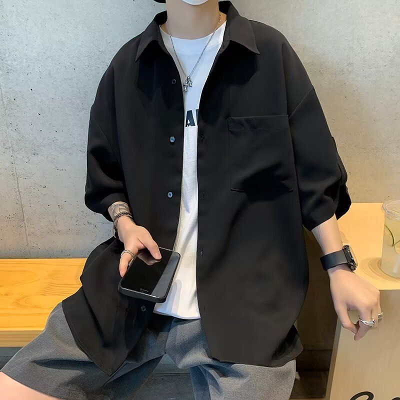 Bela srajca v hongkonškem slogu, moška modna blagovna znamka s kratkimi rokavi, vrhunski občutek, ledeno svilena srajca, ležerna in lepa jakna, poletje_voghion.com