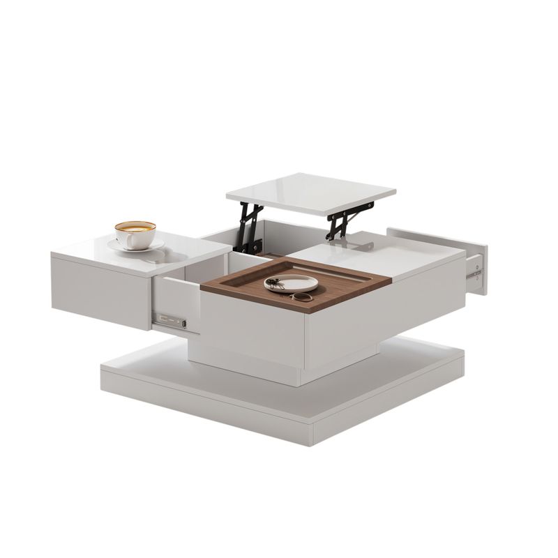 75.5*75.5*38 cm Couchtisch Anhebbarer Multifunktionstisch, Sofatisch Mit 4 Fächern, Beistelltisch, Geometrischer Tisch, Weiß + Holzfarbe_voghion.com