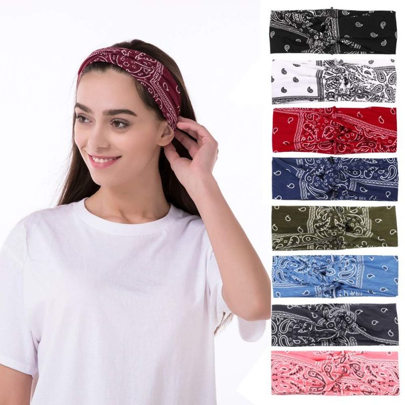 Bohemian cashew print with and cross wide edge for women's yoga headband_voghion.com