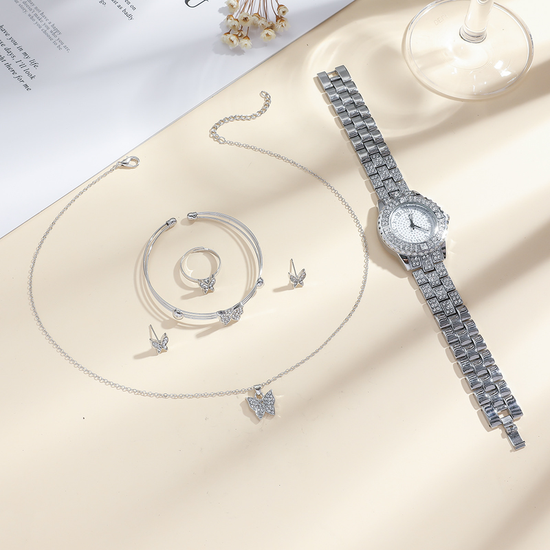 5 teile/satz Damen Sommer Neue Mode Frische Persönlichkeit Stahl Band Quarzuhr Set_voghion.com