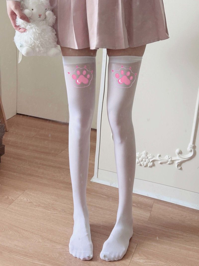 Textsocken Damen, weiße Seidenstrümpfe, dünner süßer Katzenpfotenabdruck, lange Schlauchsocken der Subkultur, Overknee-Socken für Damen_voghion.com