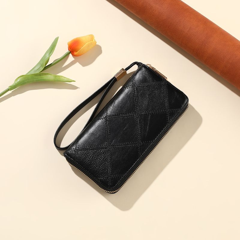 Portafoglio lungo da donna classico con diamanti a quadri, semplice portamonete alla moda, in pelle PU con cerniera_voghion.com