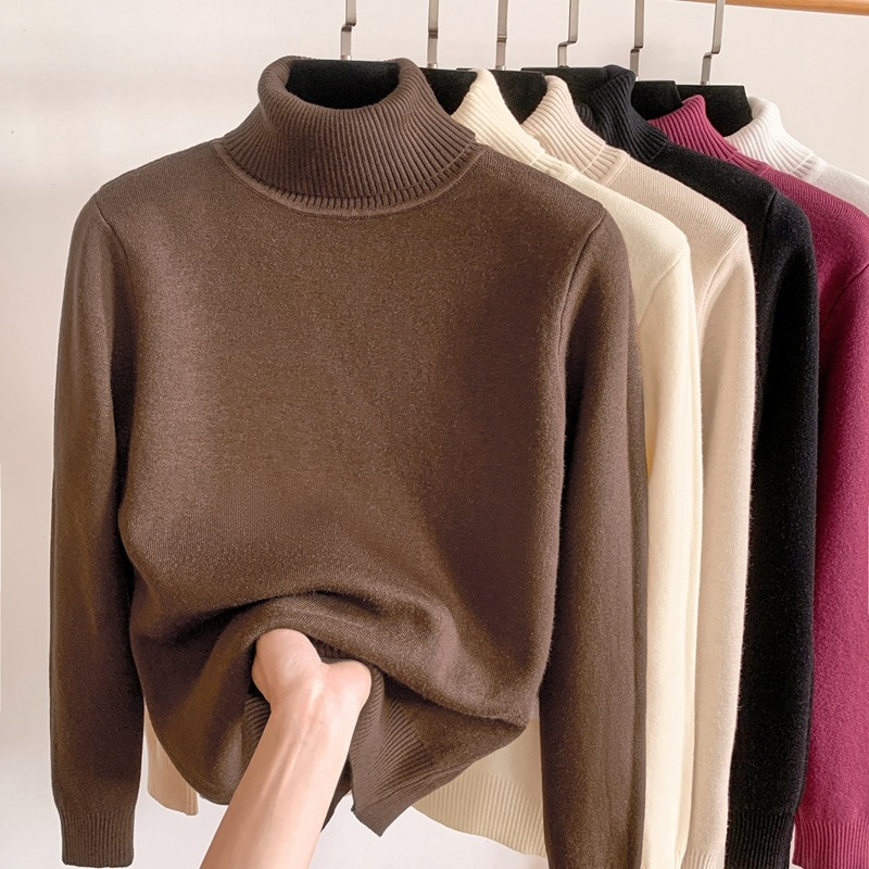 Pull femme automne hiver pull rembourré femmes chaud col roulé bas chemise couleur unie sous-vêtements hauts pulls_voghion.com