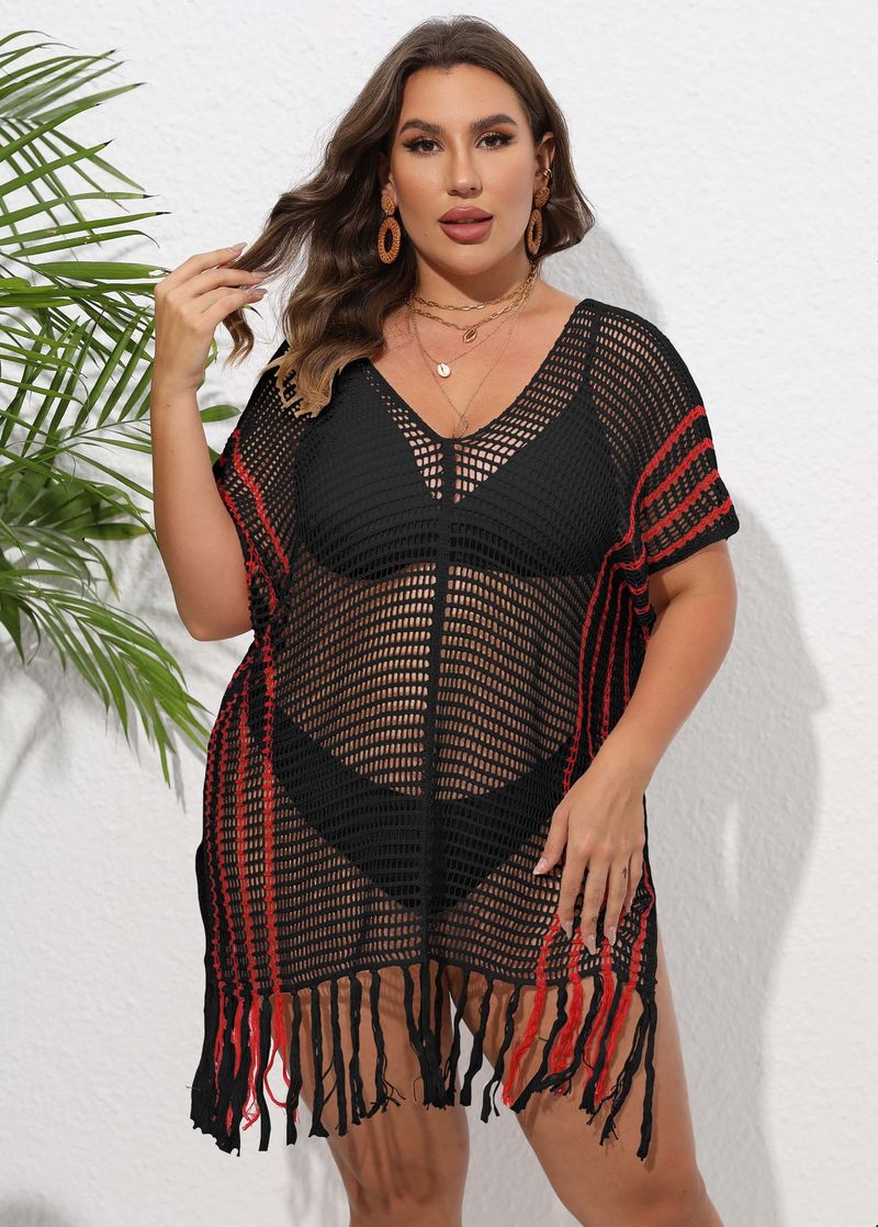 Chemisier de vacances pour femmes, grande taille, rayé, coutures contrastées, robe de plage, bikini, vêtements d'extérieur_voghion.com