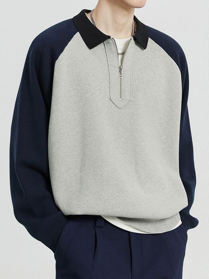 Langarm-Poloshirt für Herren – Retro-Farbblock-Design, Reißverschlusskragen und lockere Passform (S-2XL, Hellgrau)_voghion.com