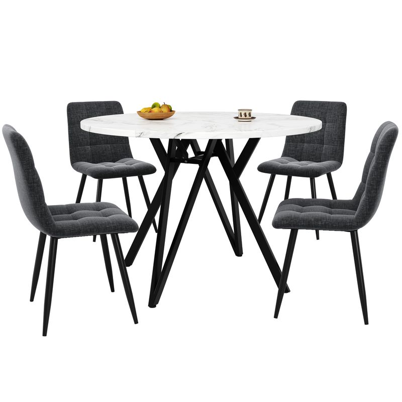 5-teiliges Esstisch-Set Mit Runder Tischplatte (Ø100 Cm), Schwarze Metallbeine, MDF-Marmoroptik, Graue Leinenstühle_voghion.com