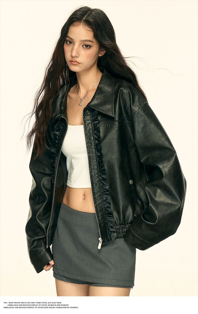 Aaisup American Style Solid Color Leather For Women Early Autumn New Design Sense Ruffled Edge Versatile Casual Jacket_voghion.com