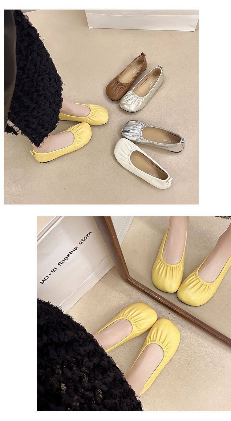 Platte zolen, enkellaarsjes voor dames, Franse zachte eenpedaalsokken, zachte zolen, ondiepe mond, geplooide oma-schoenen_voghion.com