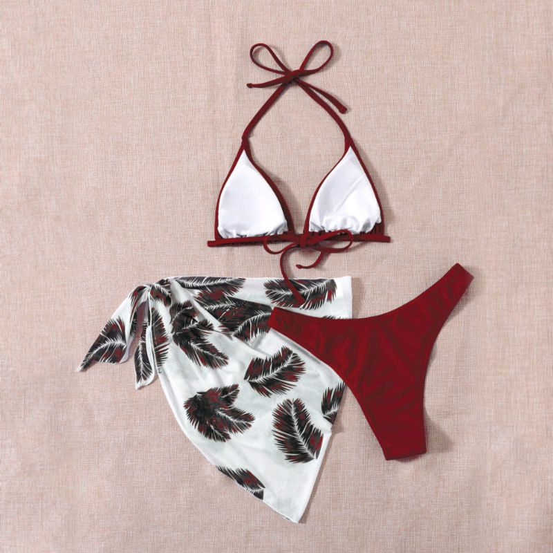 Damenbekleidung Neuer Neckholder-Badeanzug mit Netzrock und Bindeband Dreiteiliger Strand-Bikini-Badeanzug für Damen_voghion.com