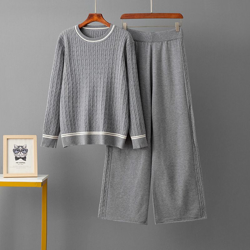 Elegante set di maglione e pantaloni in maglia - Completo casual a righe con pullover a maniche lunghe e pantaloni in morbida miscela di viscosa, versatile per l'ufficio e per tutti i giorni_voghion.com