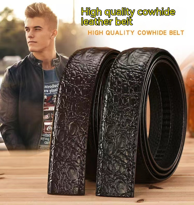 Piper Men's New Belt Without Head, Cowhide Crocodile Pattern Belt with Smooth Buckle and Perforated Pure Belt_voghion.com