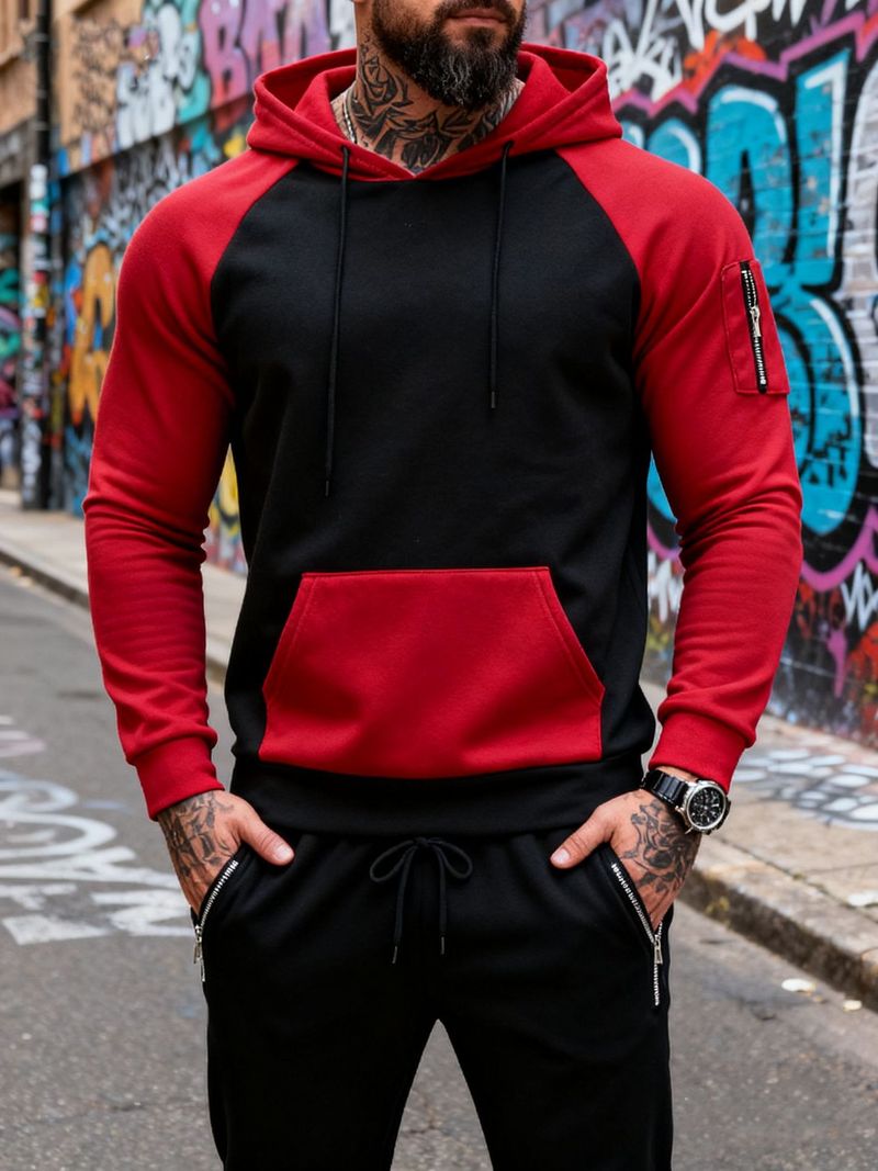 Felpa con cappuccio in pile e jogger in velluto e colori coordinati per uomo - Completo due pezzi a blocchi di colore per sport invernali e abbigliamento casual_voghion.com