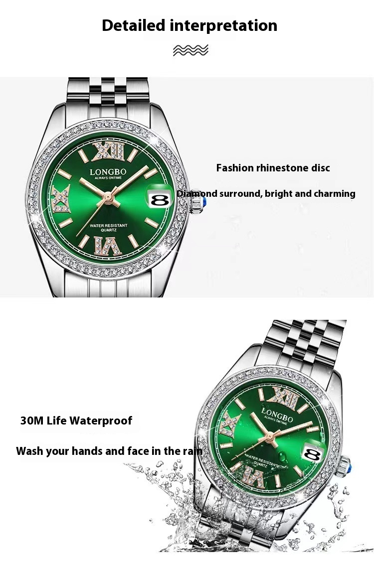 Longbo New Green Face Live Belt Women's Watch Calendar Diamond Steel Band Round Watch/Can be replaced_voghion.com