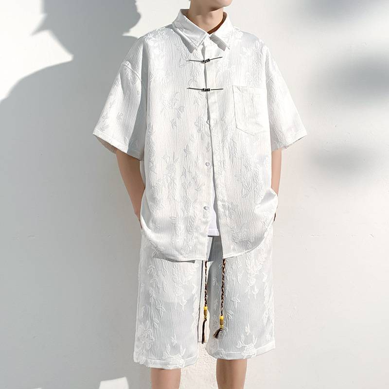 Traje de dos piezas de cinco puntos con cordón trenzado para hombre Traje holgado informal para hombre_voghion.com