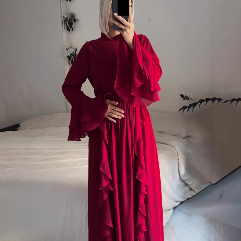 Abito lungo da donna, in chiffon, con collo a mezza altezza, con cuciture sul bordo e sulle orecchie in legno, stile autunno-inverno_voghion.com