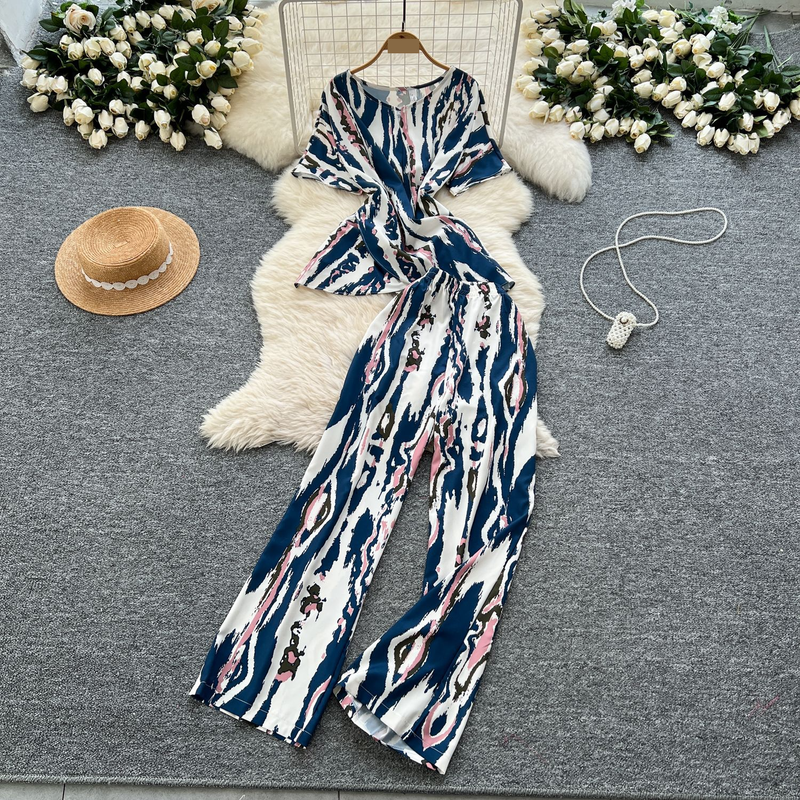 Women's Clothing Two Piece Suit Cross Waist Round Neck Short Sleeves Printed Top High Waist Casual Wide Leg Pants_voghion.com