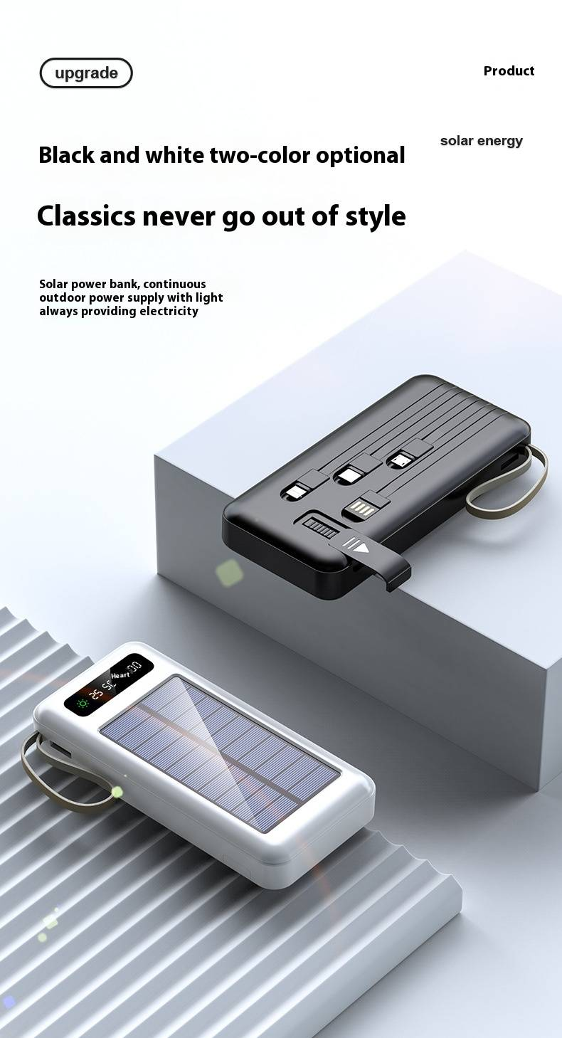 Kodi Solar Power Bank 30000mAh With Built-in Cables, Portable Charger For Outdoor Camping, Hiking, Travel, Emergency Backup (Black/White)_voghion.com