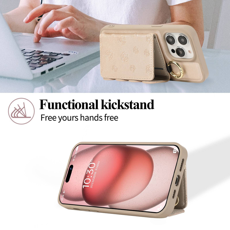 Custodia per telefono con slot per carte di credito e motivo a rosa per iPhone 15 Pro/14/13 - Custodia protettiva sottile in pelle PU con tracolla staccabile_voghion.com