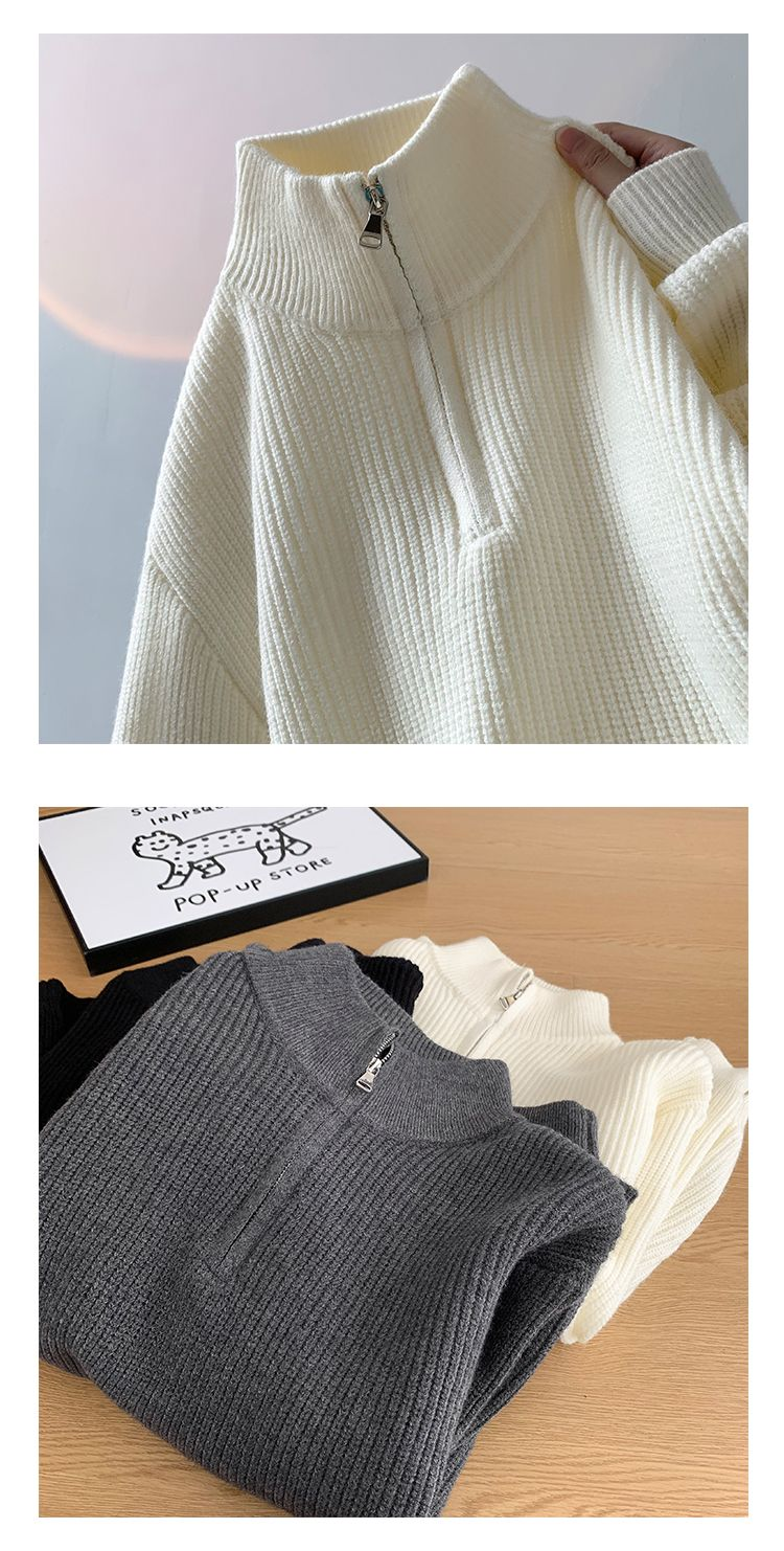 Roupas masculinas Suéter masculino com gola alta e zíper - Malha minimalista grande (essencial cleanfit)_voghion.com