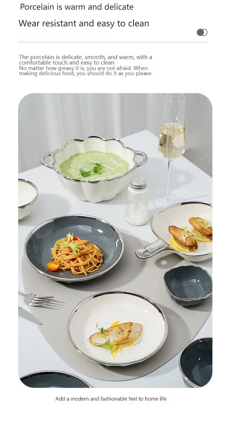 Minimalist Ceramic Tableware Set With Silver Electroplating - Japanese-Inspired Bowls & Plates For Home, Restaurant & Gifting_voghion.com