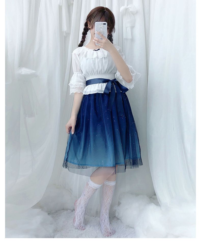 Lolita Summer Dress With Gradient Starry Sky Print - Cute JSK Sleeveless Dress With Mesh Overlay For Kawaii Fashion_voghion.com