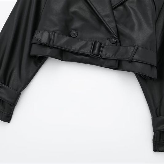 Trench in PU stile americano alla moda autunno nuovo bottone decorazione giacca alla moda tinta unita allentato da donna_voghion.com