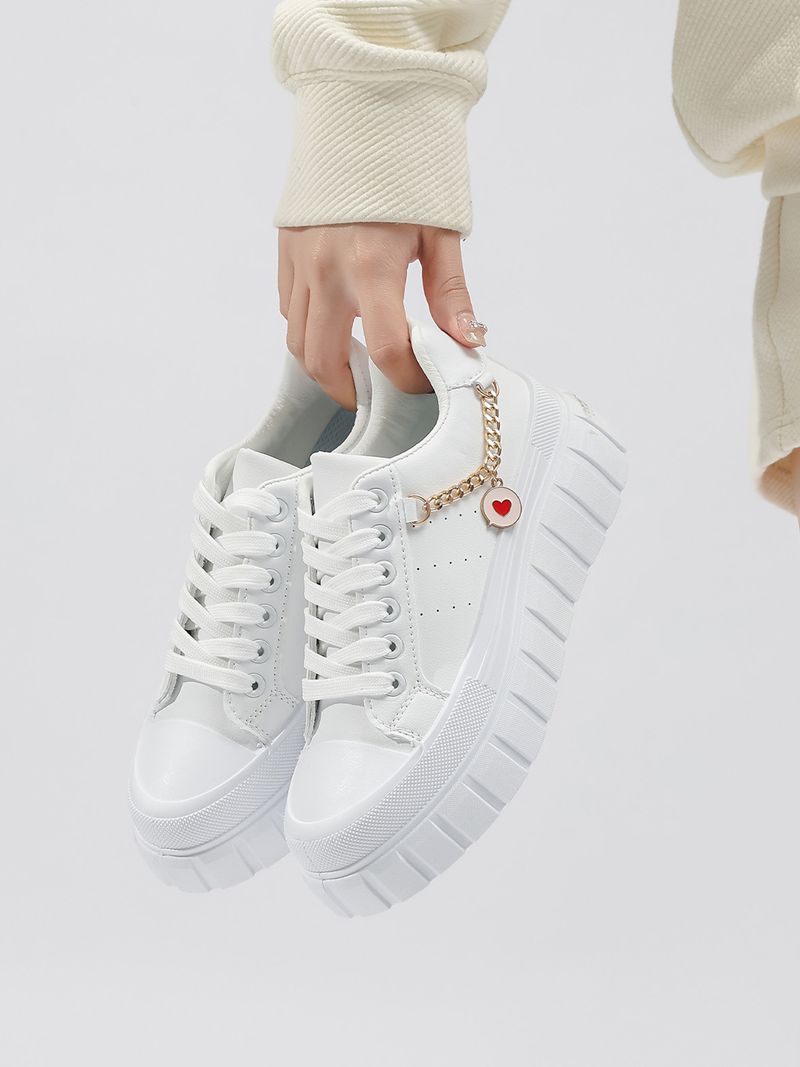 Chaussures pour femmes, nouvelles chaussures pour femmes de grande taille, semelle épaisse, chaussures de sport décontractées, chaussures plates blanches avec chaîne en métal pour femmes_voghion.com