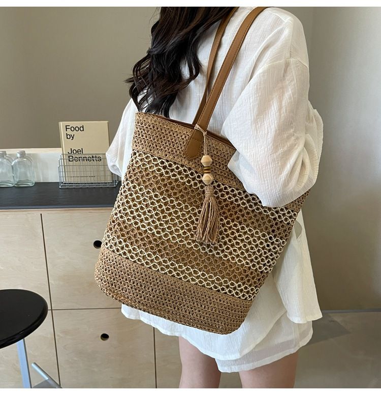 Borsa di paglia Borsa intrecciata Borsa da spiaggia Borsa di paglia per le vacanze Borsa intrecciata cava da donna Borsa a tracolla di grande capacità alla moda per pendolari_voghion.com
