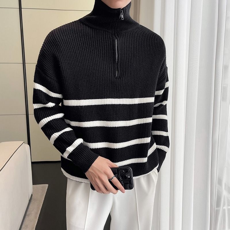 Maglione a righe con cerniera a collo alto e mezza lunghezza, da uomo, autunno e inverno_voghion.com