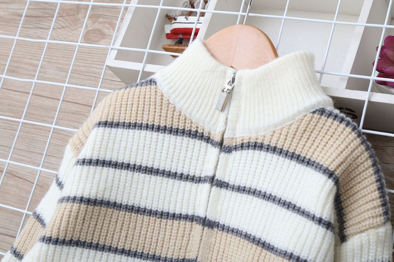 Strickjacke aus Lammwolle für Mutter und Kind, weicher, warmer Strickpullover für große Kinder (ab 8 Jahren), gestreiftes Design, lange Ärmel, Stehkragen (Grau/Marineblau)_voghion.com
