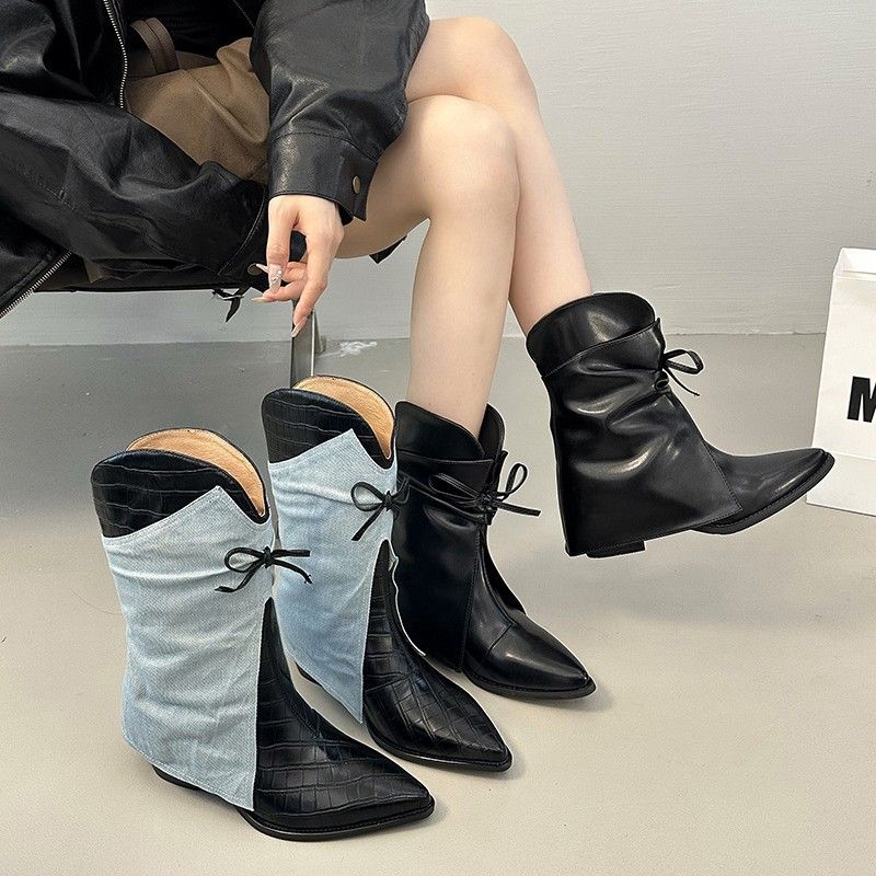 European And American Style Soft Leather Niche Design Cuff Pointed Toe Flat Patchwork Slimming V-Cut Short Women Spring_voghion.com