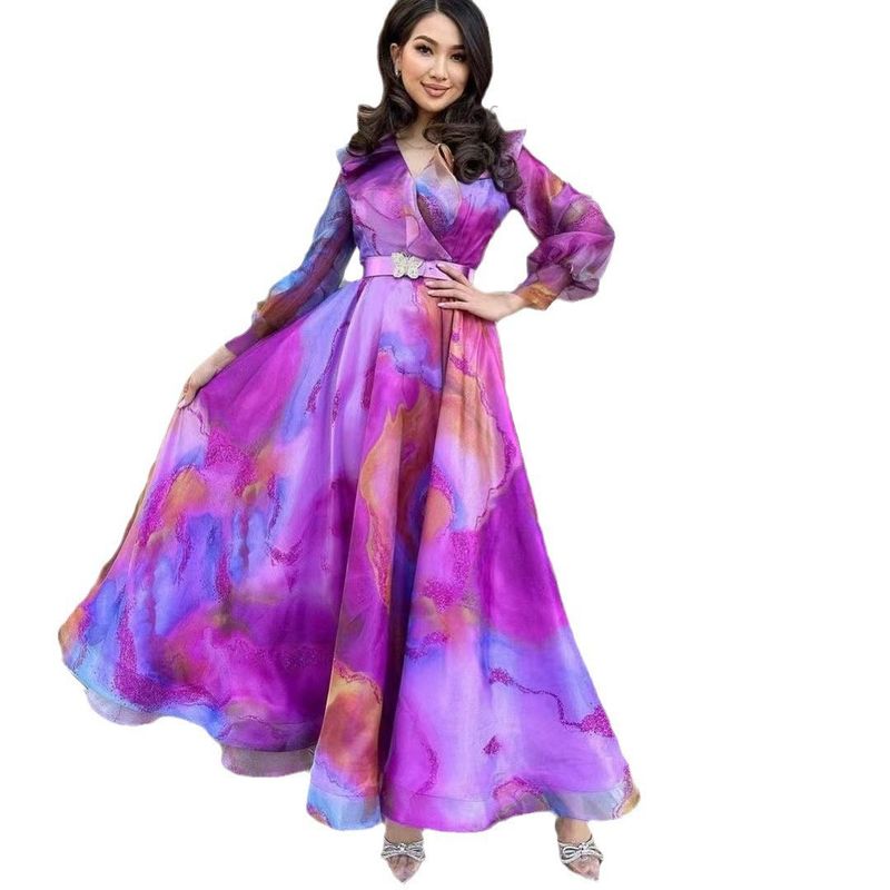 Spring And Summer New European And American Printing Large Swing Mesh Dress Commuter European And American Women's Dress_voghion.com
