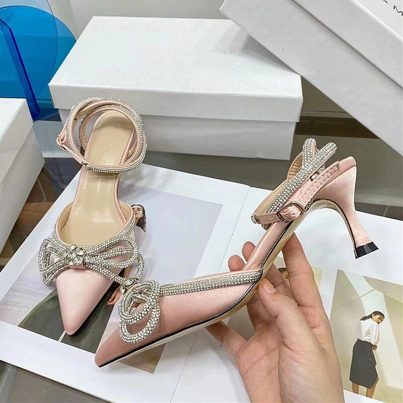 Sandales en Satin à bout pointu pour femmes, avec gros nœud papillon, ficelle, gladiateur, Banquet, fête, mariage, talons hauts, nouvelle collection 2022_voghion.com