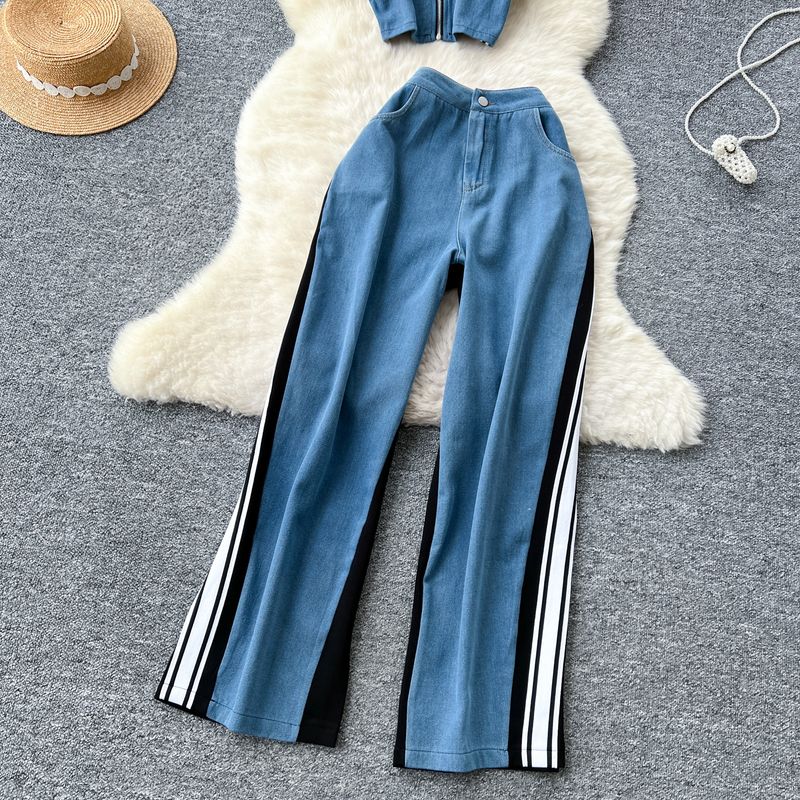 Damenbekleidung im Retro-Stil, Damen-Outfit, ärmelloses bauchfreies Top, hohe Taille, weites Bein, Jeans-Set, modischer Zweiteiler, lässig-schick, Übergröße (weiß/schwarz)_voghion.com