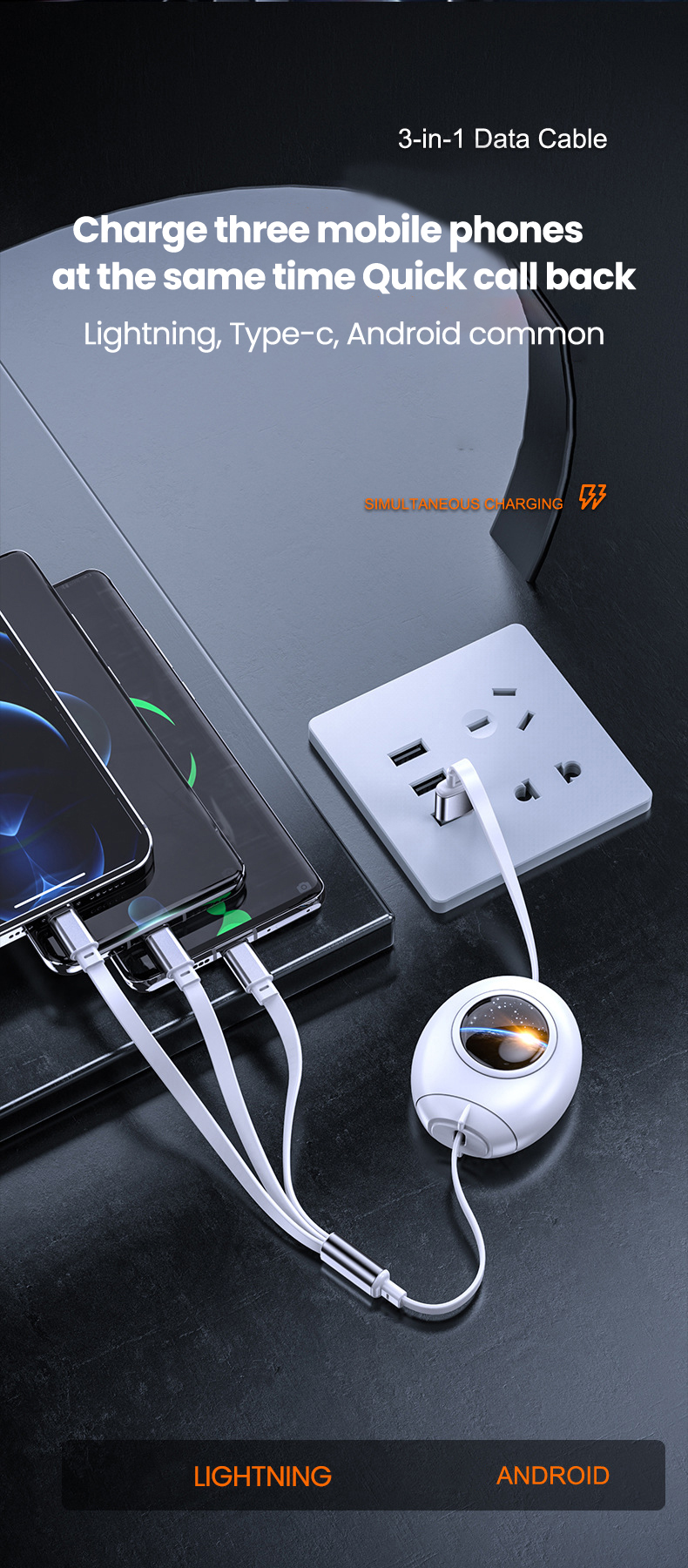5A 3-in-1 charging USB C cable suitable for iPhone 14, 13, 12, 11 Max pro USB A to 8-pin mini C charging cable_voghion.com