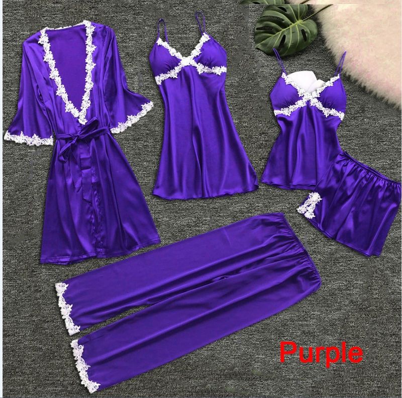 Lenjerie de dormit pentru femei Pijamale sexy din cinci piese pentru femei Rochie de mireasa cu maneca mijlocie de vara Marime mari Imbracaminte pentru casa Camasa de noapte_voghion.com