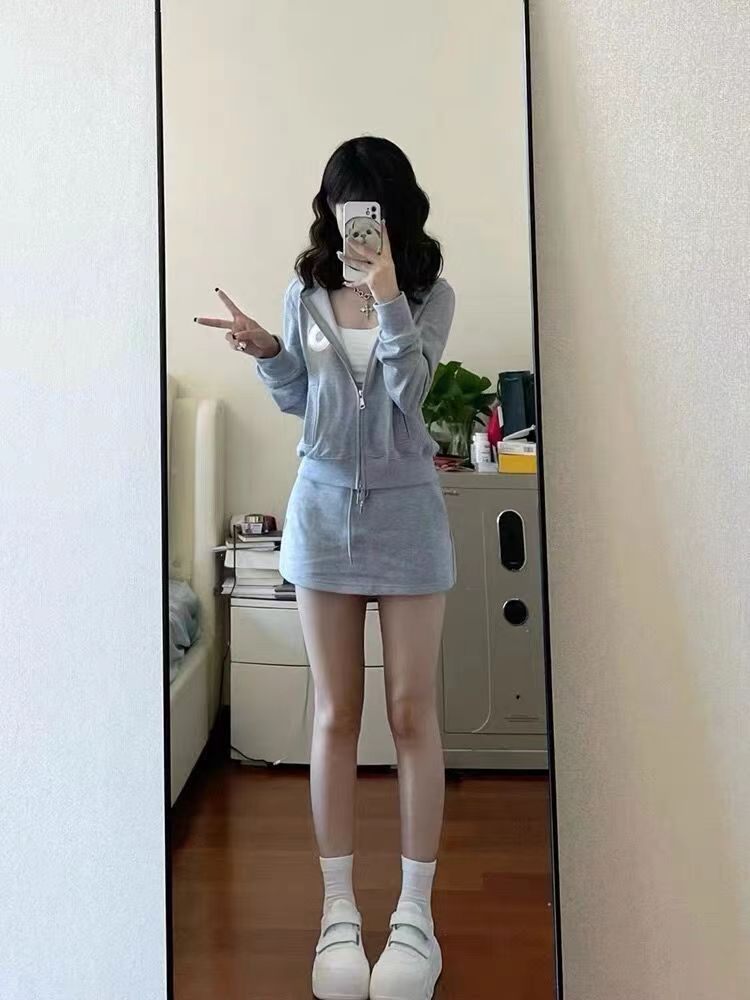 Sweat à capuche zippé américain pour femme, jupe à lacets pour le printemps et l'automne, style décontracté, veste cardigan courte à capuche, ensemble deux pièces_voghion.com