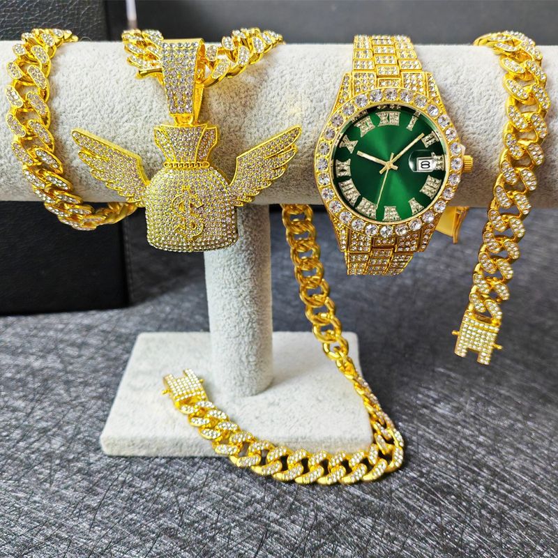 Conjunto completo de relógios de ouro hip hop com corrente cubana e diamantes, pulseira e colar com cristal líquido_voghion.com