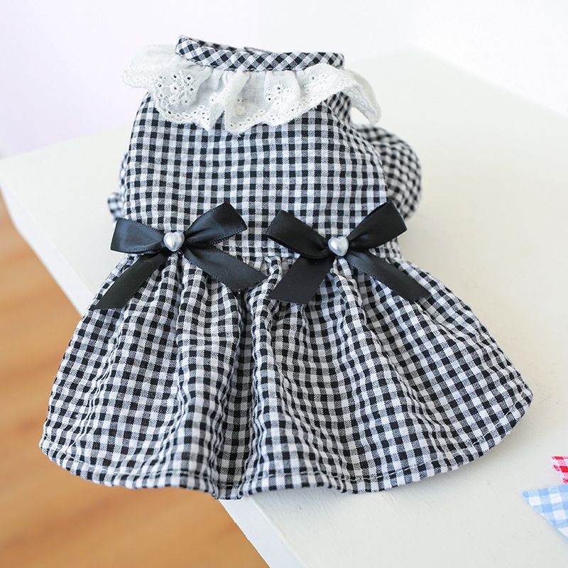 Pet Circle Dog Clothing Cat Clothes Bowknot Lace Collar Edge Black And White Plaid Princess Heart Pearl Dress_voghion.com