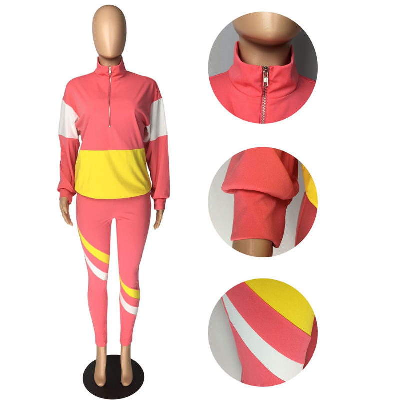 Zweiteiliger Freizeit-Sportanzug für Damen im Farb-Patchwork-Design_voghion.com
