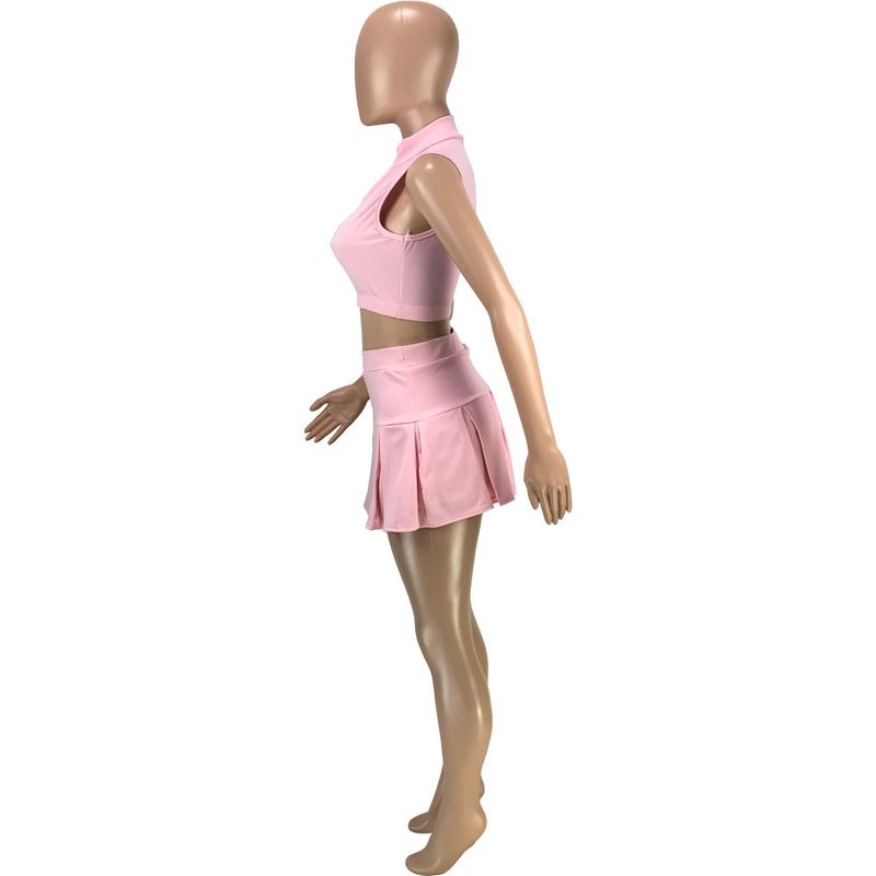 Damenmode lässig sexy einfarbig plissierte Taille schlanke Weste Culottes Sport zweiteiliges Set_voghion.com