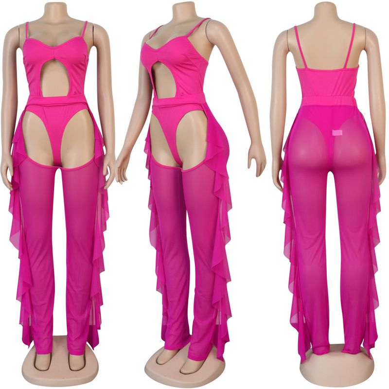 Vêtements pour femmes, maillot de bain de couleur unie, ensemble deux pièces en gaze en maille_voghion.com