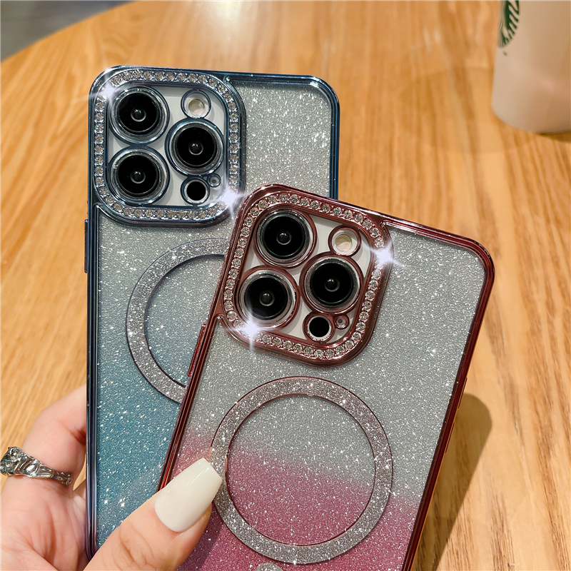 Luxus Farbverlauf Glitzer Wireless Charging für Magsafe Hülle für iPhone 14 13 12 11 Pro Max Plus Plating Bumper Cover Cases_voghion.com
